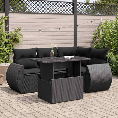 5 Piece Garden Sofa Set with Cushions Black Poly Rattan