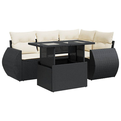 5 Piece Garden Sofa Set with Cushions Black Poly Rattan