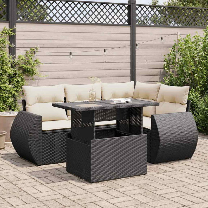 5 Piece Garden Sofa Set with Cushions Black Poly Rattan