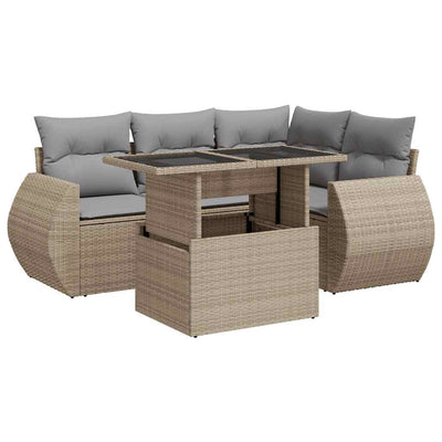 5 Piece Garden Sofa Set with Cushions Beige Poly Rattan