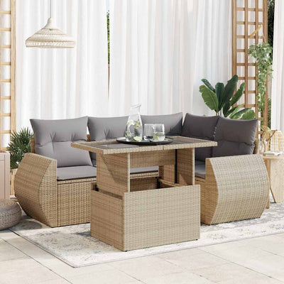 5 Piece Garden Sofa Set with Cushions Beige Poly Rattan