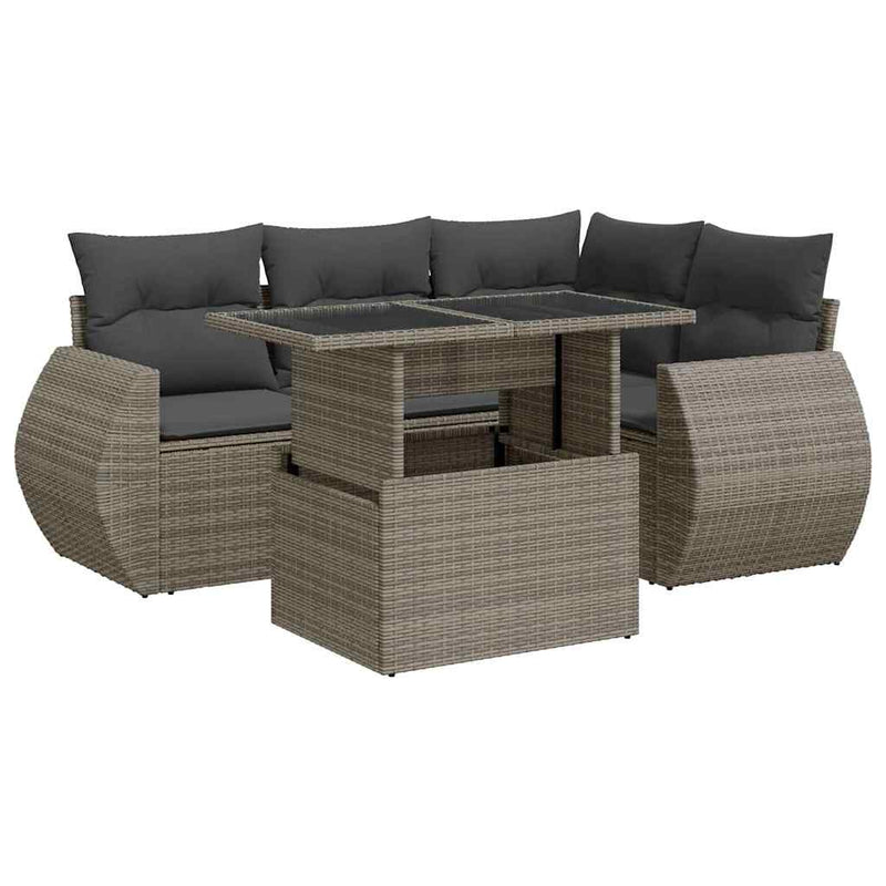 5 Piece Garden Sofa Set with Cushions Grey Poly Rattan