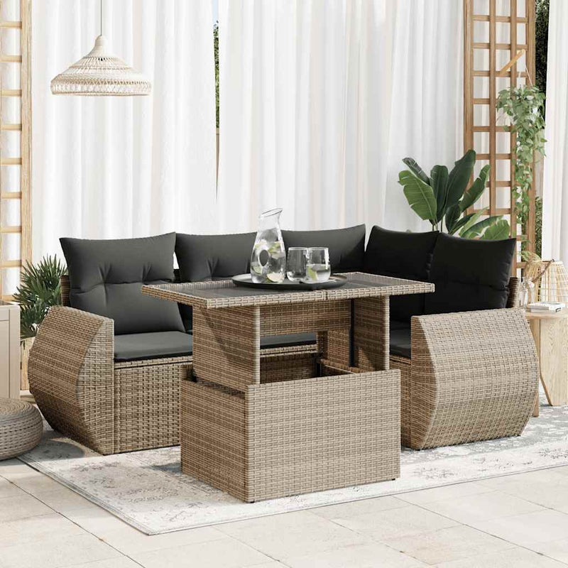 5 Piece Garden Sofa Set with Cushions Grey Poly Rattan