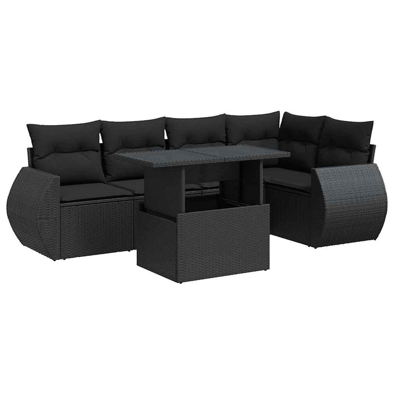 6 Piece Garden Sofa Set with Cushions Black Poly Rattan