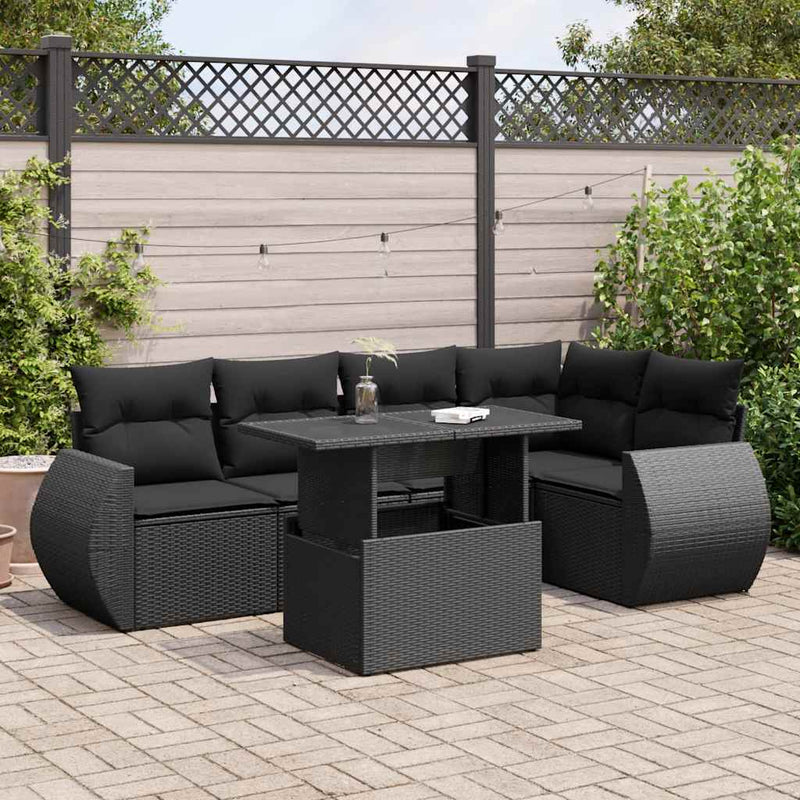 6 Piece Garden Sofa Set with Cushions Black Poly Rattan