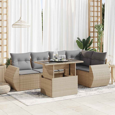 6 Piece Garden Sofa Set with Cushions Beige Poly Rattan