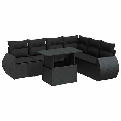 7 Piece Garden Sofa Set with Cushions Black Poly Rattan