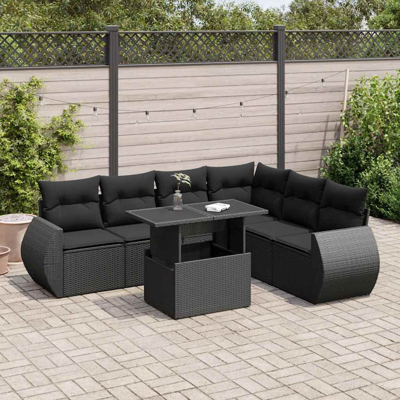 7 Piece Garden Sofa Set with Cushions Black Poly Rattan