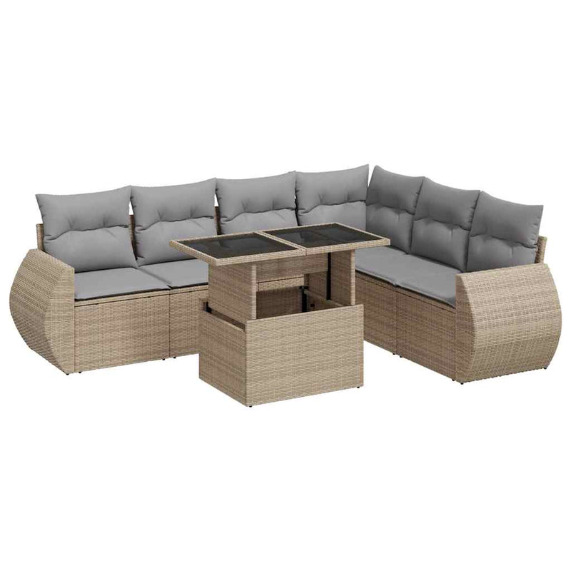 7 Piece Garden Sofa Set with Cushions Beige Poly Rattan