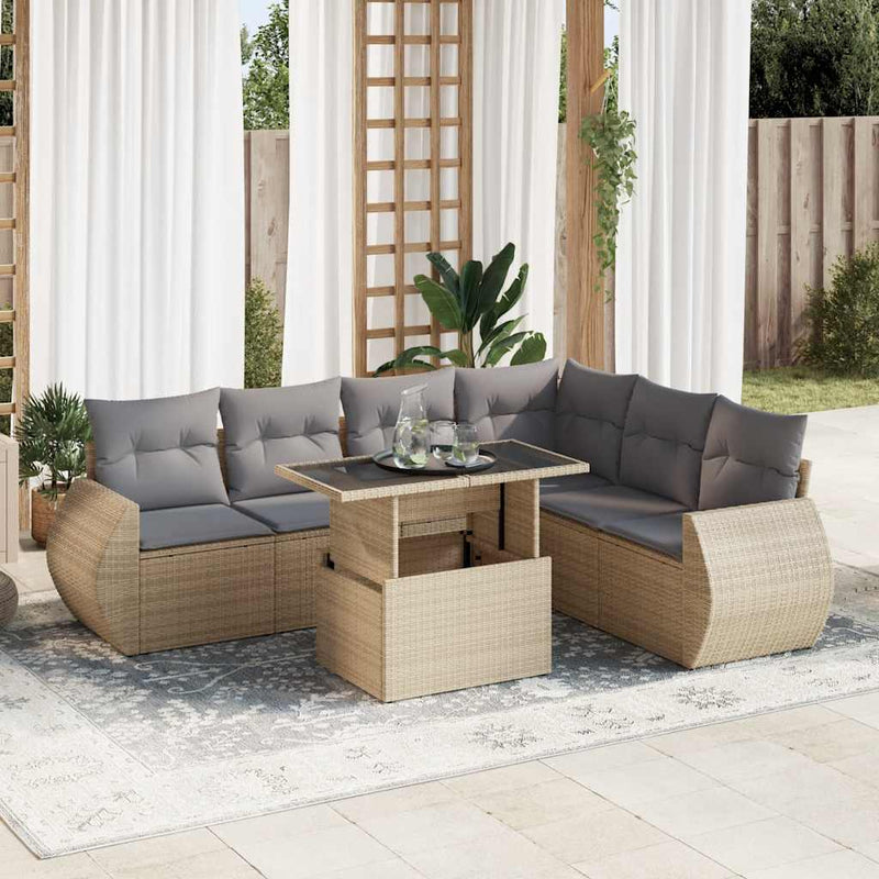 7 Piece Garden Sofa Set with Cushions Beige Poly Rattan