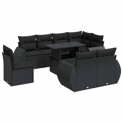 9 Piece Garden Sofa Set with Cushions Black Poly Rattan