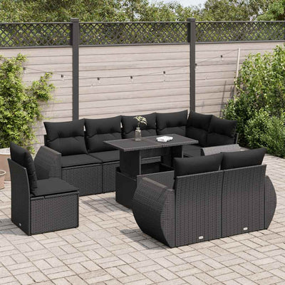 9 Piece Garden Sofa Set with Cushions Black Poly Rattan