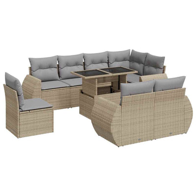 9 Piece Garden Sofa Set with Cushions Beige Poly Rattan