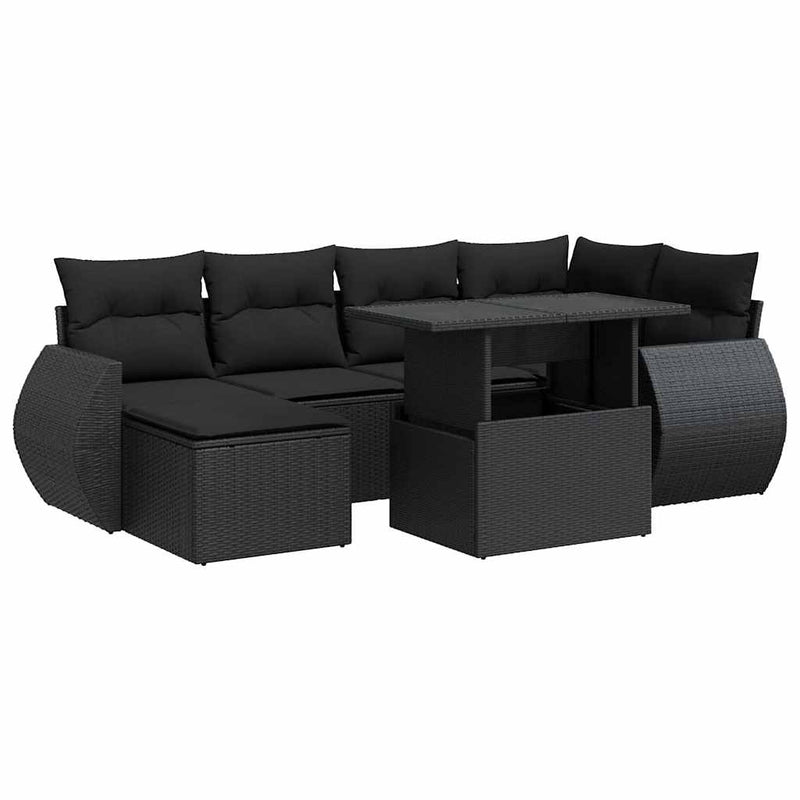 7 Piece Garden Sofa Set with Cushions Black Poly Rattan