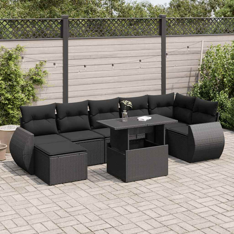 8 Piece Garden Sofa Set with Cushions Black Poly Rattan