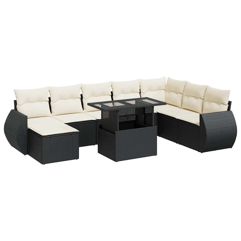 9 Piece Garden Sofa Set with Cushions Black Poly Rattan