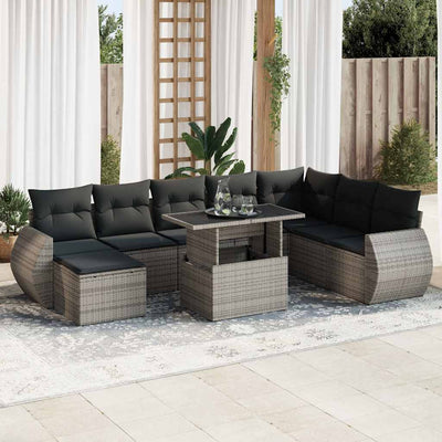 9 Piece Garden Sofa Set with Cushions Grey Poly Rattan