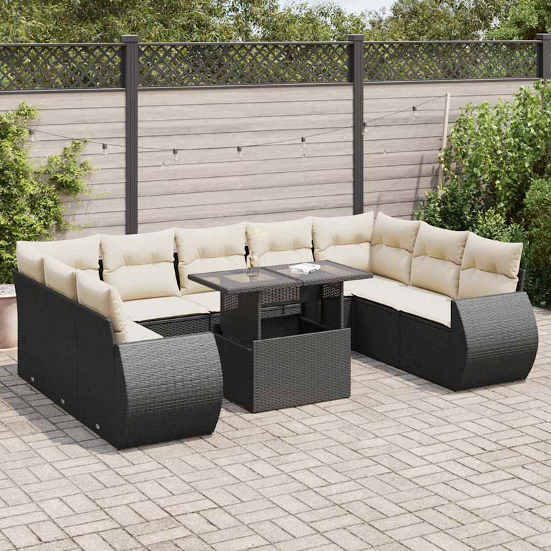 10 Piece Garden Sofa Set with Cushions Black Poly Rattan