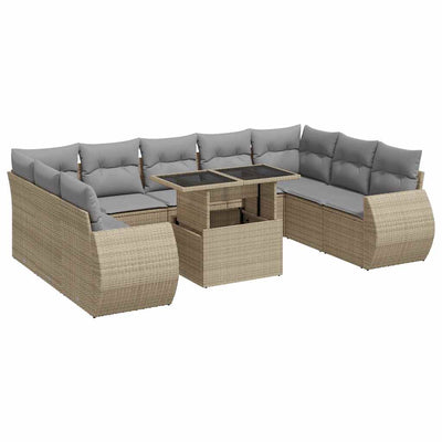 10 Piece Garden Sofa Set with Cushions Beige Poly Rattan