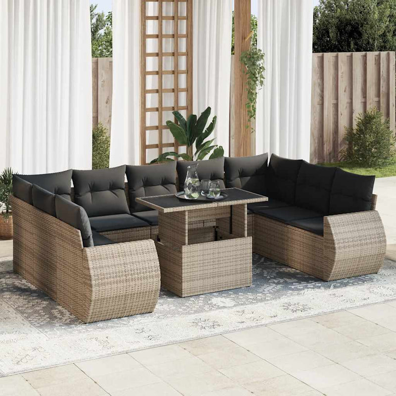 10 Piece Garden Sofa Set with Cushions Grey Poly Rattan