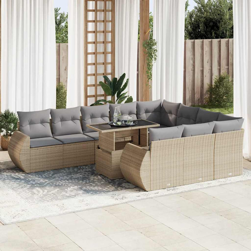 11 Piece Garden Sofa Set with Cushions Beige Poly Rattan