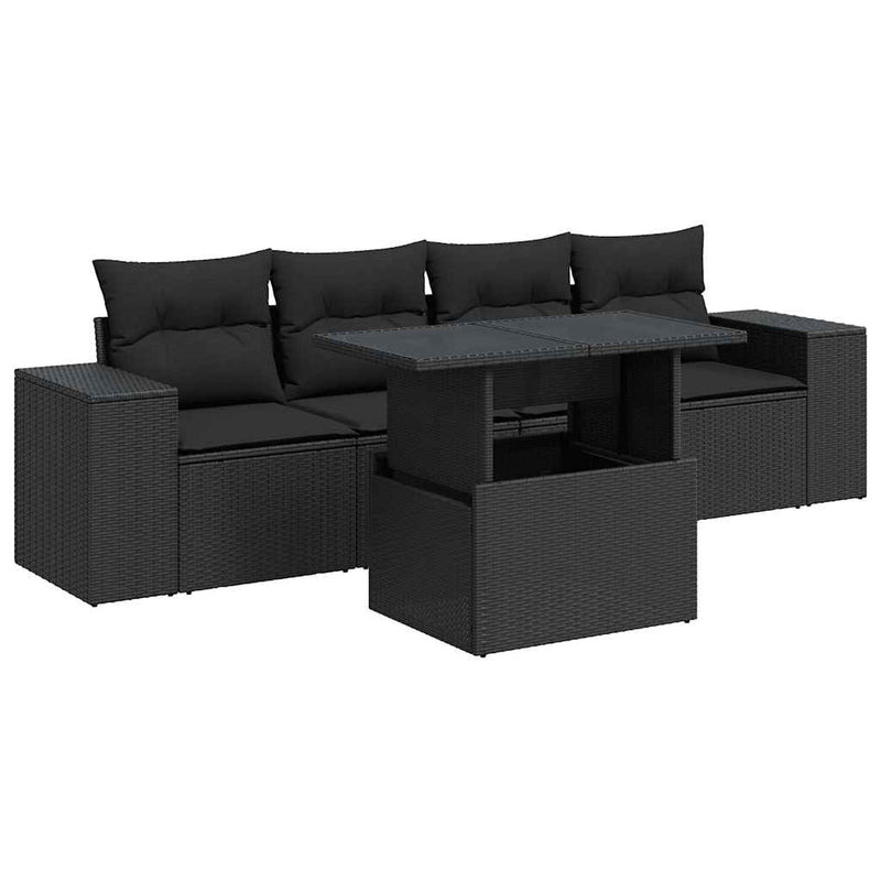 5 Piece Garden Sofa Set with Cushions Black Poly Rattan