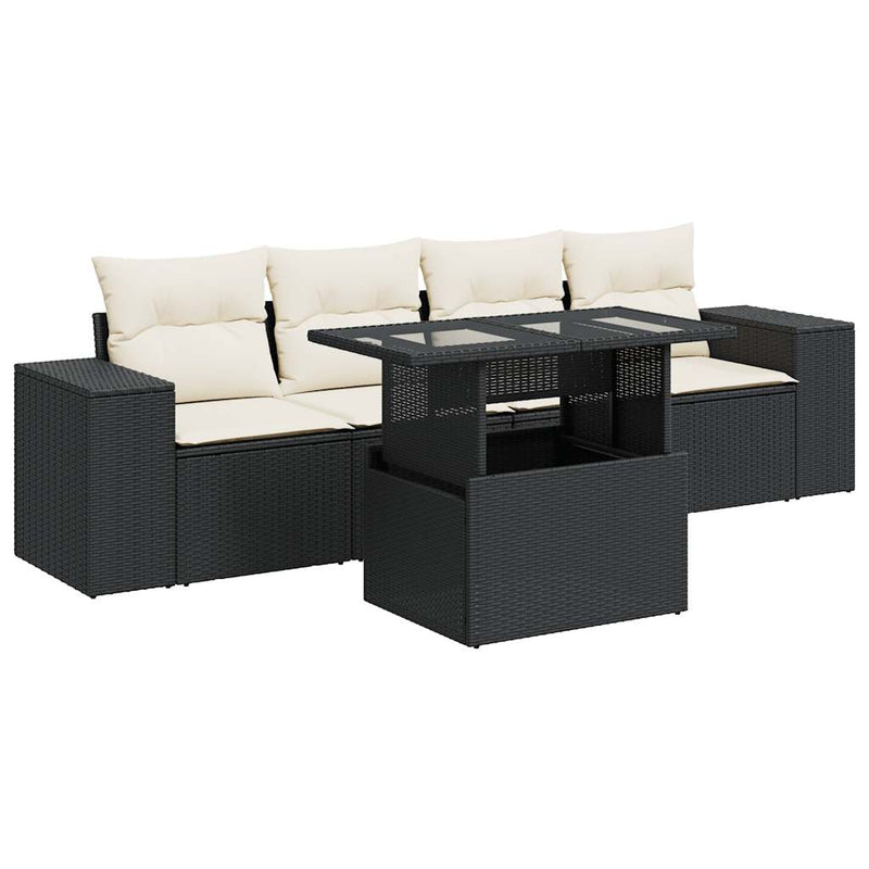 5 Piece Garden Sofa Set with Cushions Black Poly Rattan