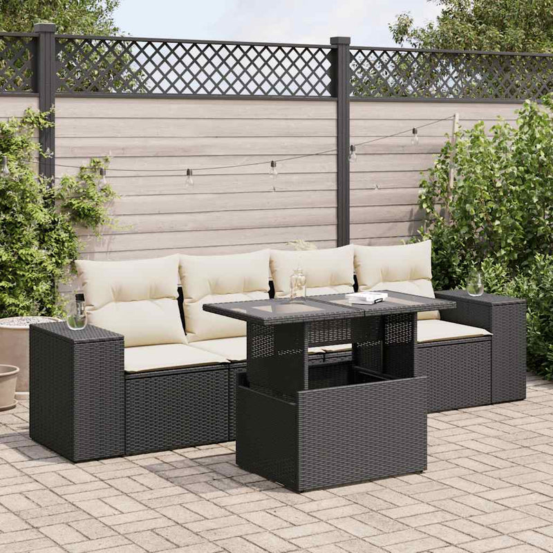 5 Piece Garden Sofa Set with Cushions Black Poly Rattan