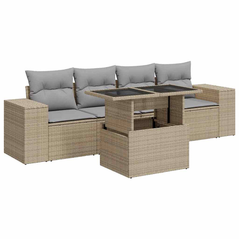 5 Piece Garden Sofa Set with Cushions Beige Poly Rattan