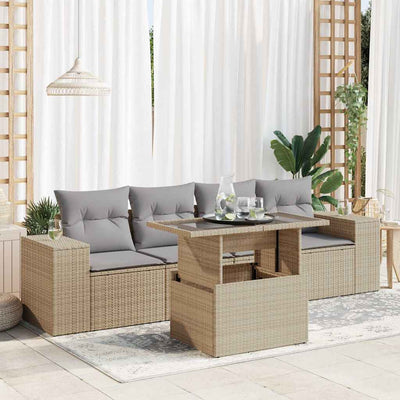 5 Piece Garden Sofa Set with Cushions Beige Poly Rattan