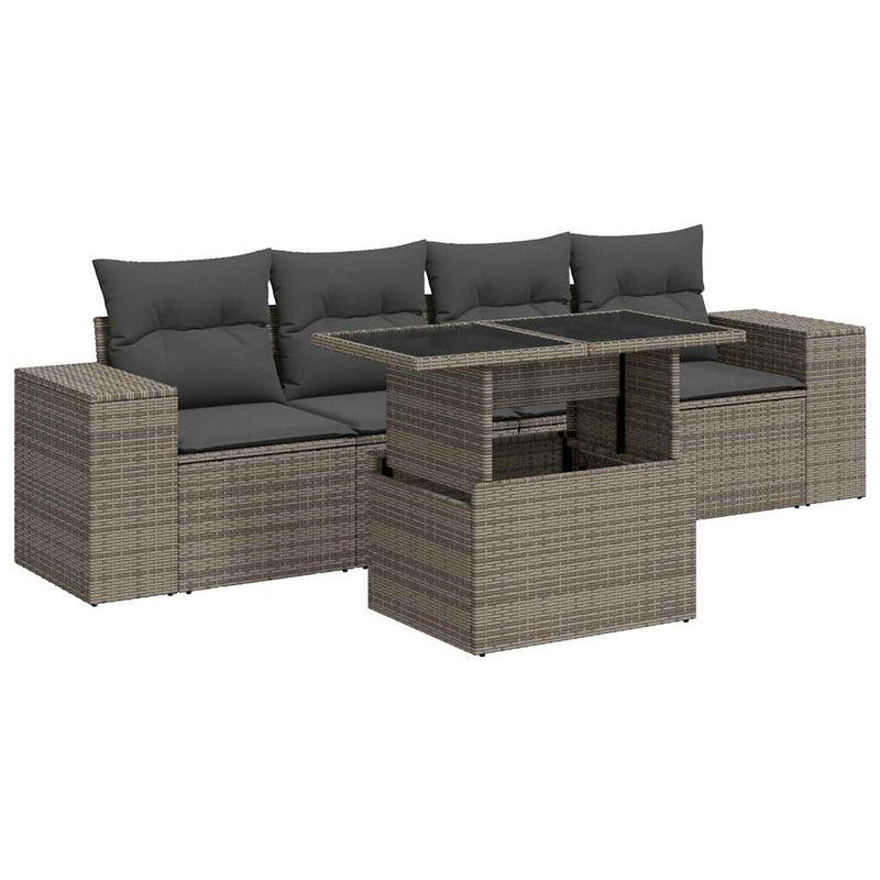 5 Piece Garden Sofa Set with Cushions Grey Poly Rattan