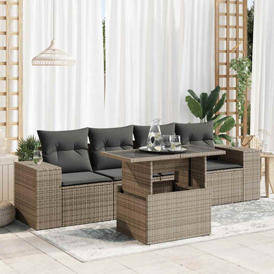 5 Piece Garden Sofa Set with Cushions Grey Poly Rattan