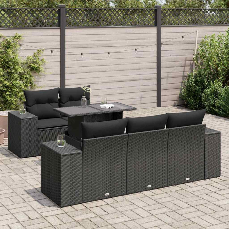 6 Piece Garden Sofa Set with Cushions Black Poly Rattan