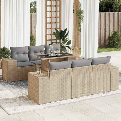 7 Piece Garden Sofa Set with Cushions Beige Poly Rattan