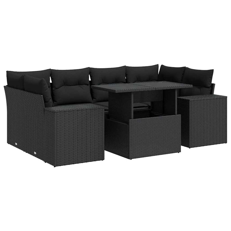 7 Piece Garden Sofa Set with Cushions Black Poly Rattan