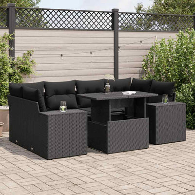 7 Piece Garden Sofa Set with Cushions Black Poly Rattan