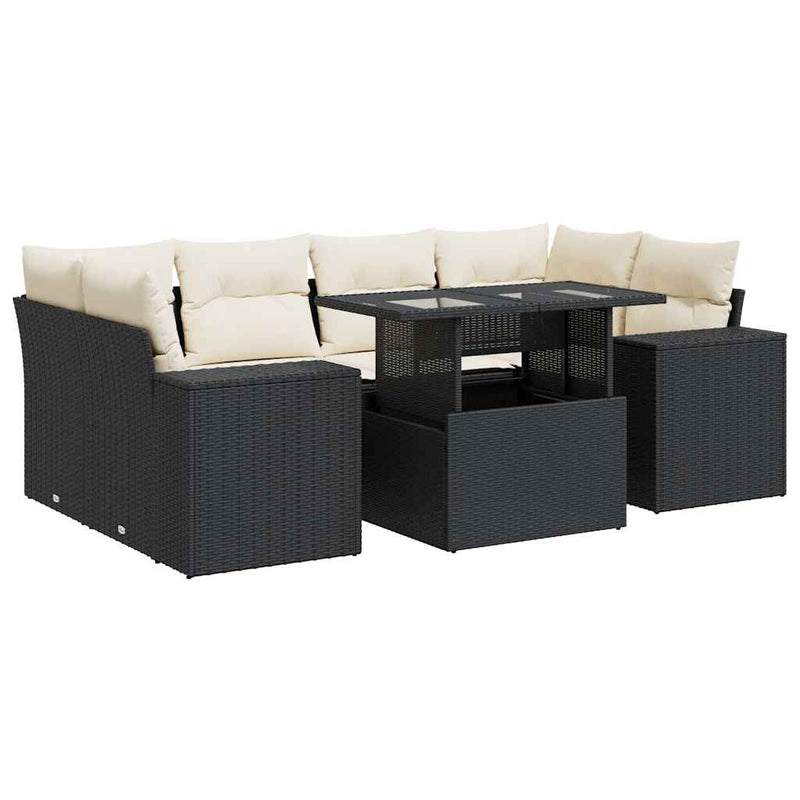 7 Piece Garden Sofa Set with Cushions Black Poly Rattan