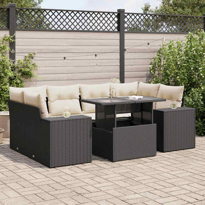 7 Piece Garden Sofa Set with Cushions Black Poly Rattan