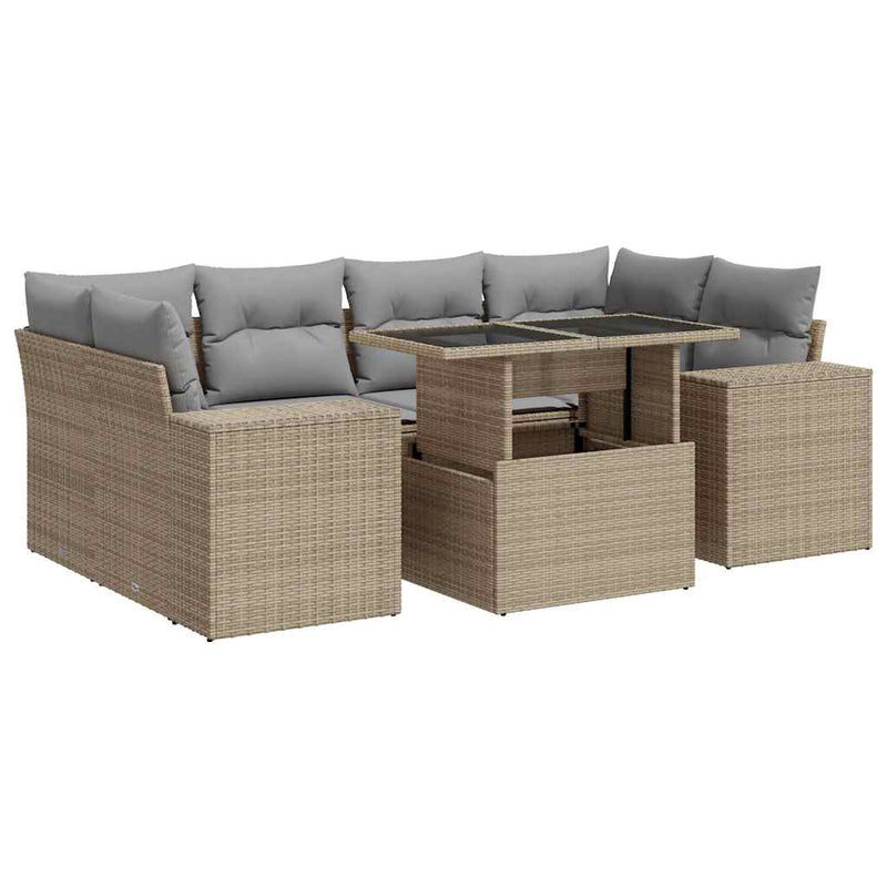 7 Piece Garden Sofa Set with Cushions Beige Poly Rattan