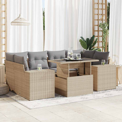 7 Piece Garden Sofa Set with Cushions Beige Poly Rattan