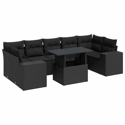 8 Piece Garden Sofa Set with Cushions Black Poly Rattan