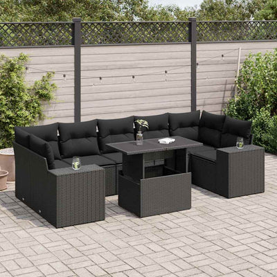 8 Piece Garden Sofa Set with Cushions Black Poly Rattan