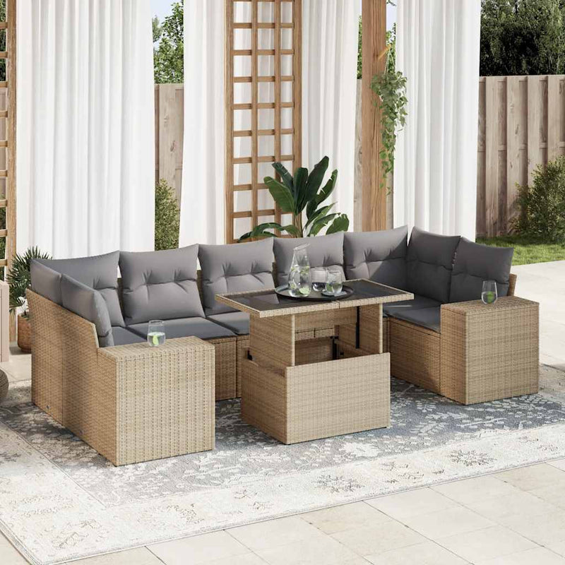 8 Piece Garden Sofa Set with Cushions Beige Poly Rattan