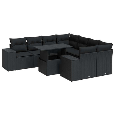 9 Piece Garden Sofa Set with Cushions Black Poly Rattan