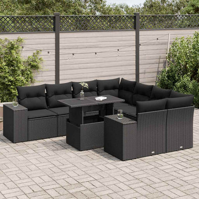 9 Piece Garden Sofa Set with Cushions Black Poly Rattan