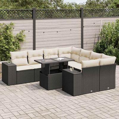 9 Piece Garden Sofa Set with Cushions Black Poly Rattan