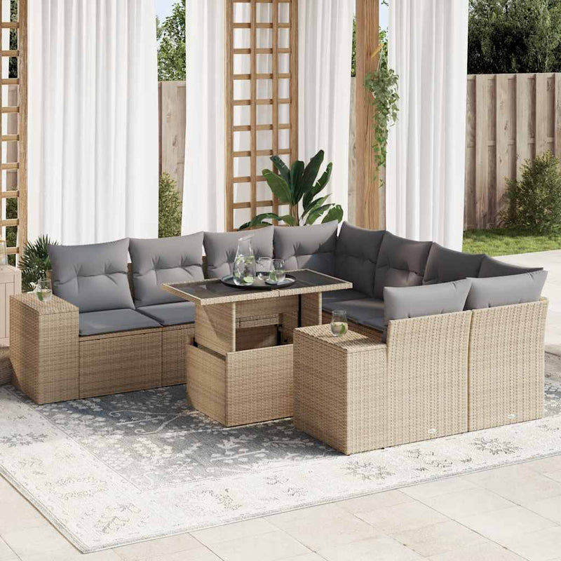 9 Piece Garden Sofa Set with Cushions Beige Poly Rattan