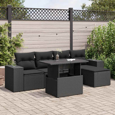 6 Piece Garden Sofa Set with Cushions Black Poly Rattan