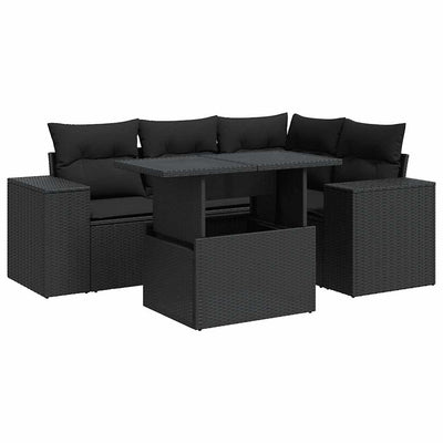 5 Piece Garden Sofa Set with Cushions Black Poly Rattan