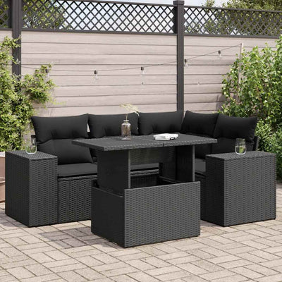 5 Piece Garden Sofa Set with Cushions Black Poly Rattan